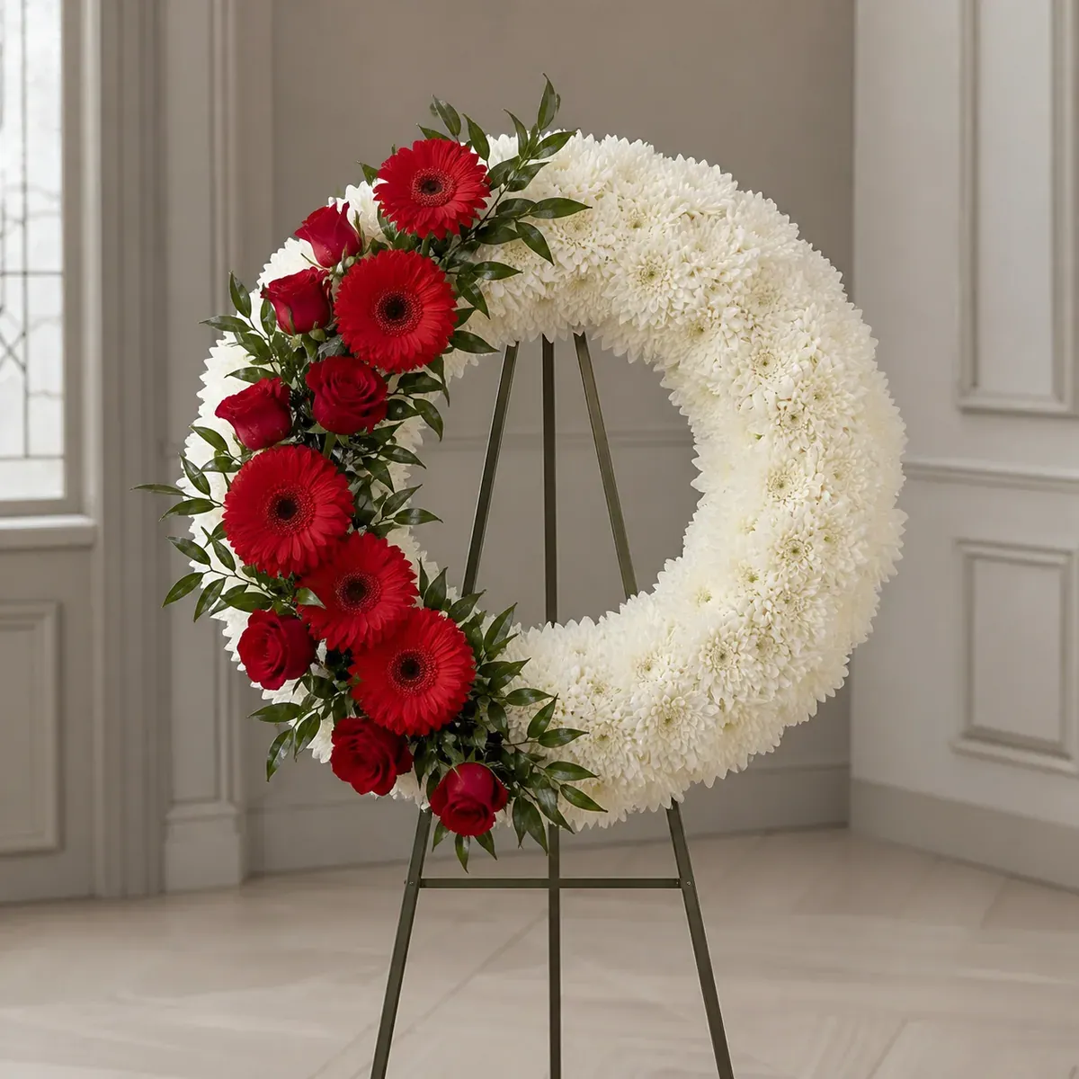 Corona blanca con aplicación vertical de gerberas y rosas rojas