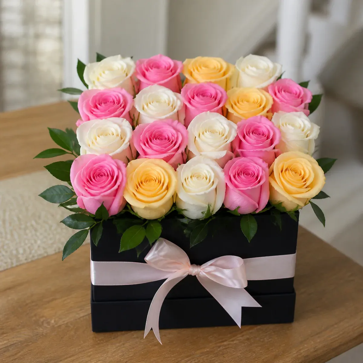 Caja negra con 20 rosas rosadas, blancas y amarillas