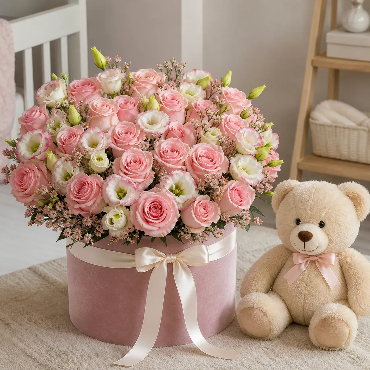 Oso de peluche junto a una caja de rosas y lisianthus
