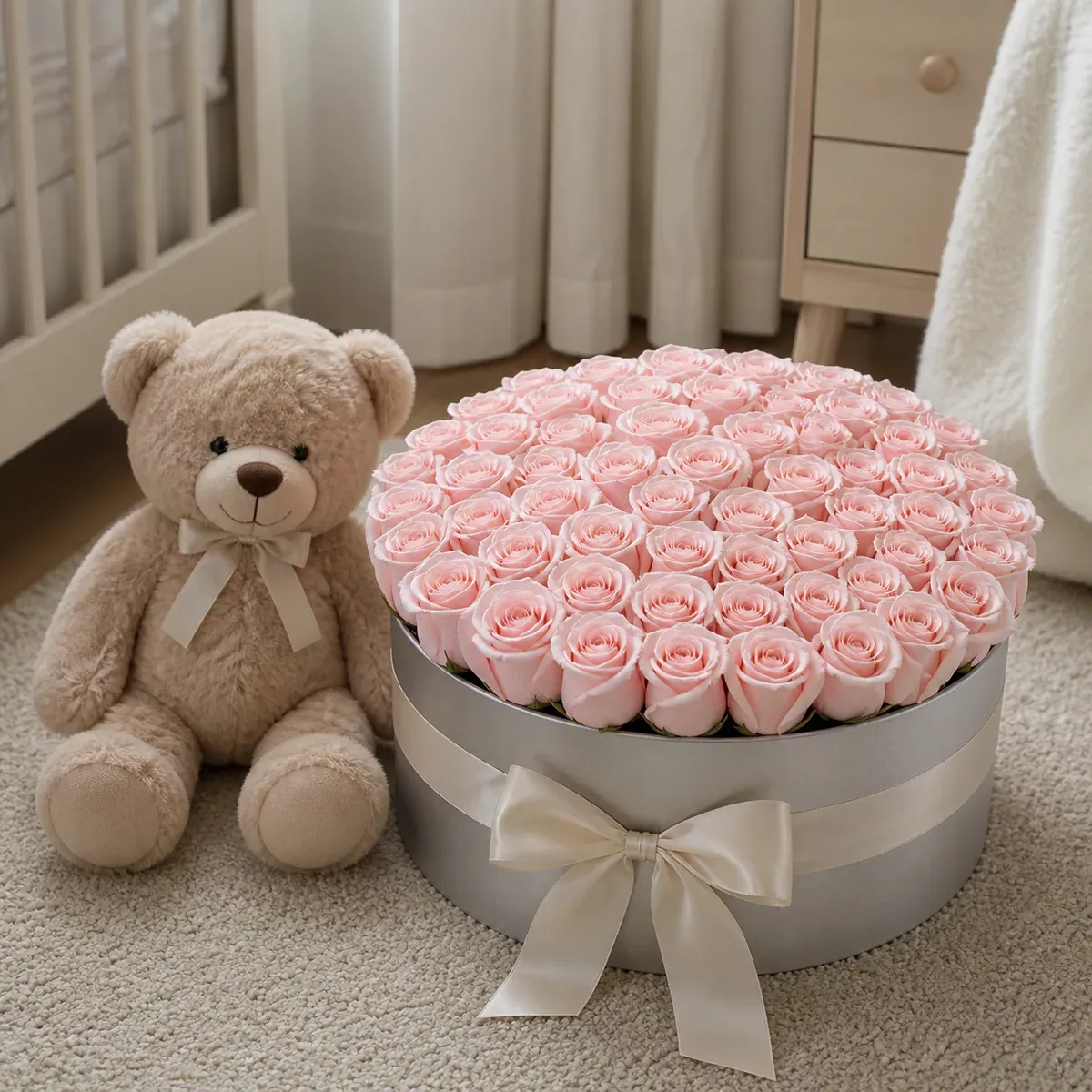 Oso de peluche junto a una caja plateada con 50 rosas