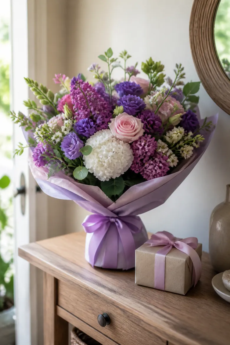 Ramo en tonos lilas acompañado por un regalo