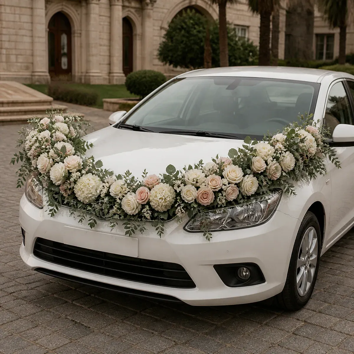 Auto decorado con una boa de flores blancas y rosadas