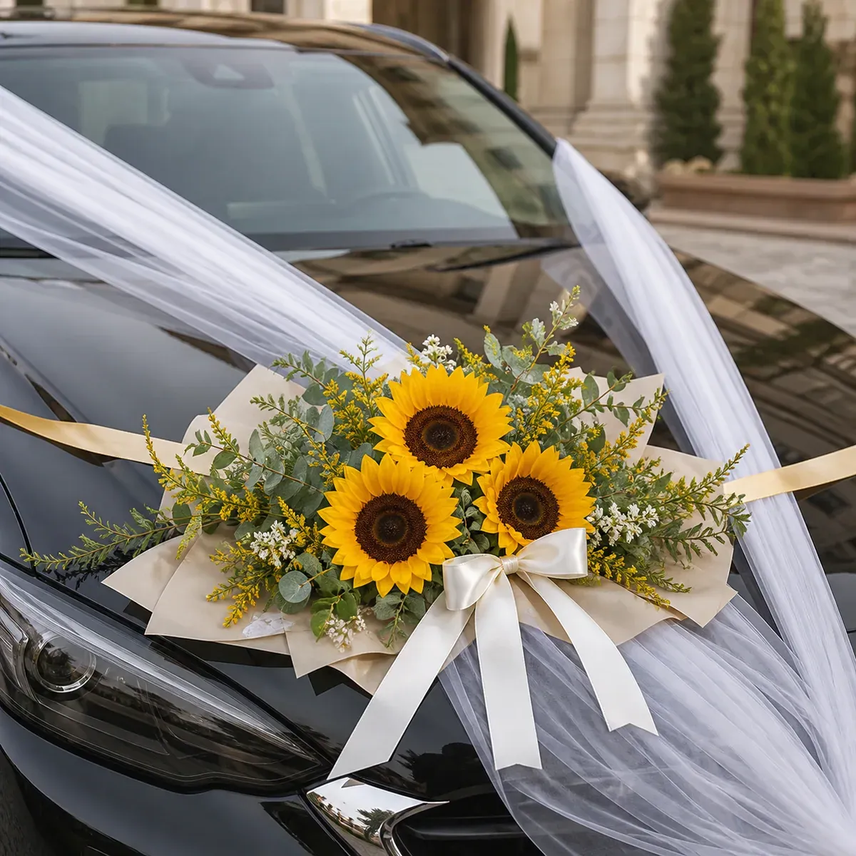 Auto decorado con tul blanco y tres girasoles